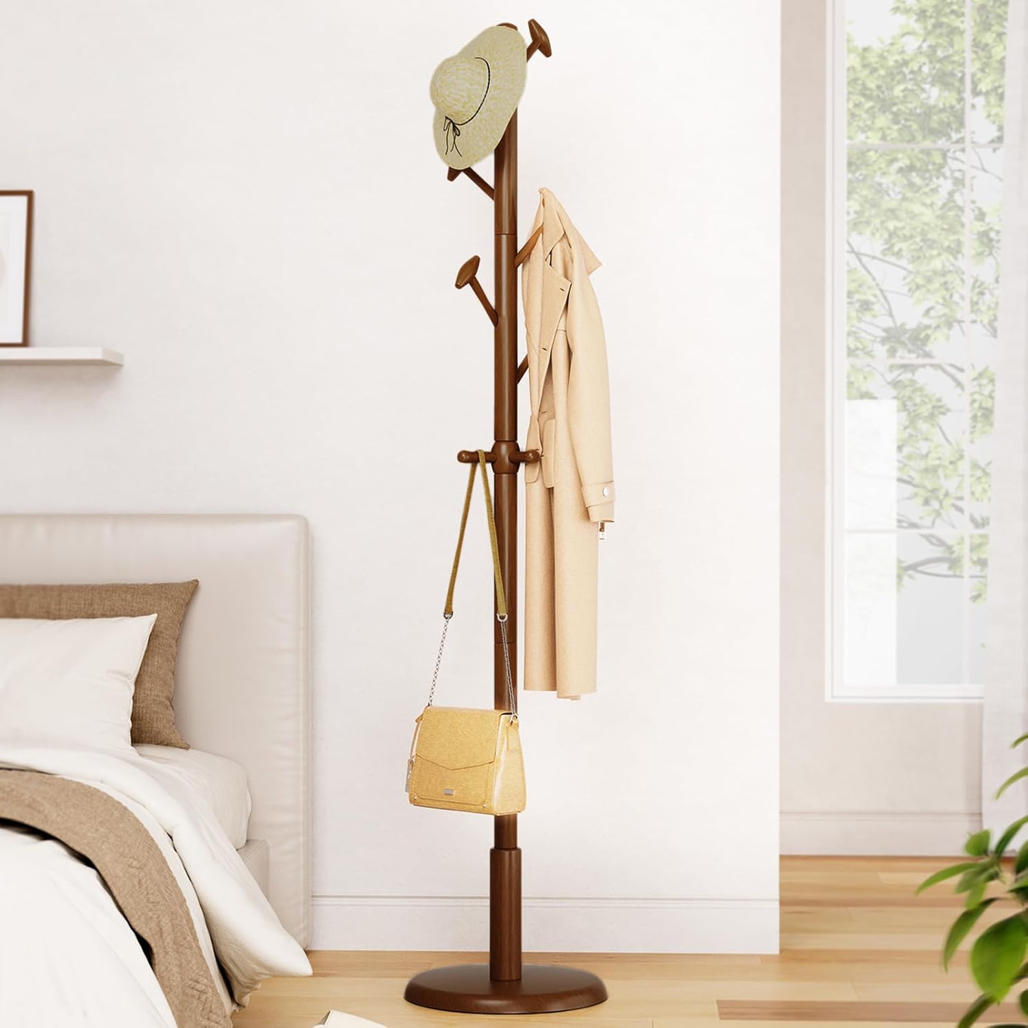 Solid Wood Coat Rack Freestanding Coat Tree with 10 Hooks for Bedroom, Livingroom, Entryway, Sturdy Coat Hanger Stand for Hats, Coats, Scarves, Handbags, Purses Walnut Brown