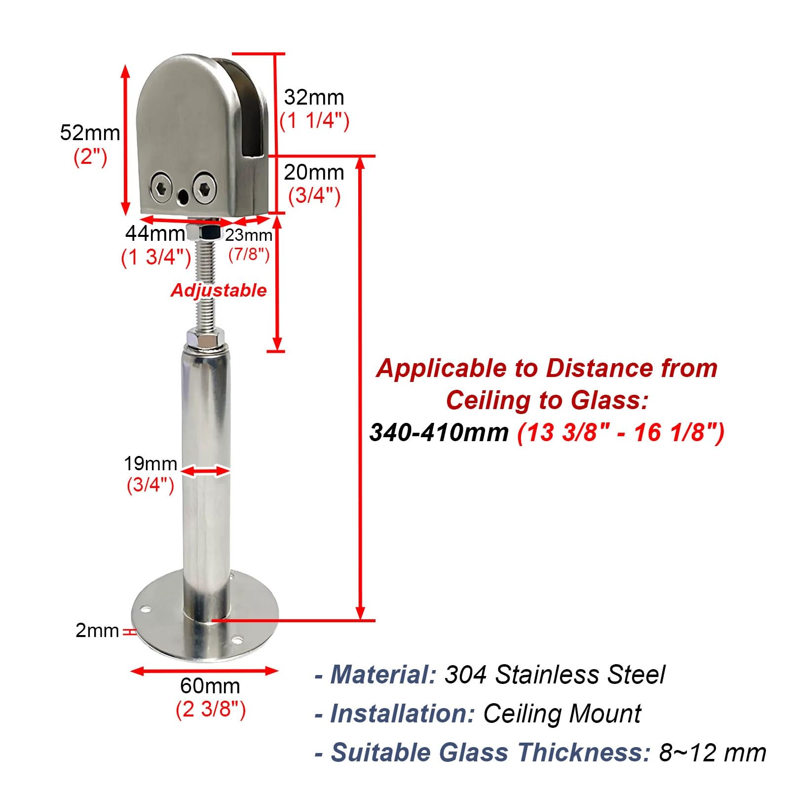 Vibeo Mampara Ducha Fija Barra de Soporte Antivibración para Cristal | 2 Unidades Barra de Soporte Ajustable de Ducha, Fijación de Techo/Suelo Al Cristal, Estabilizador de 8-10 mm Panel Sin Marco