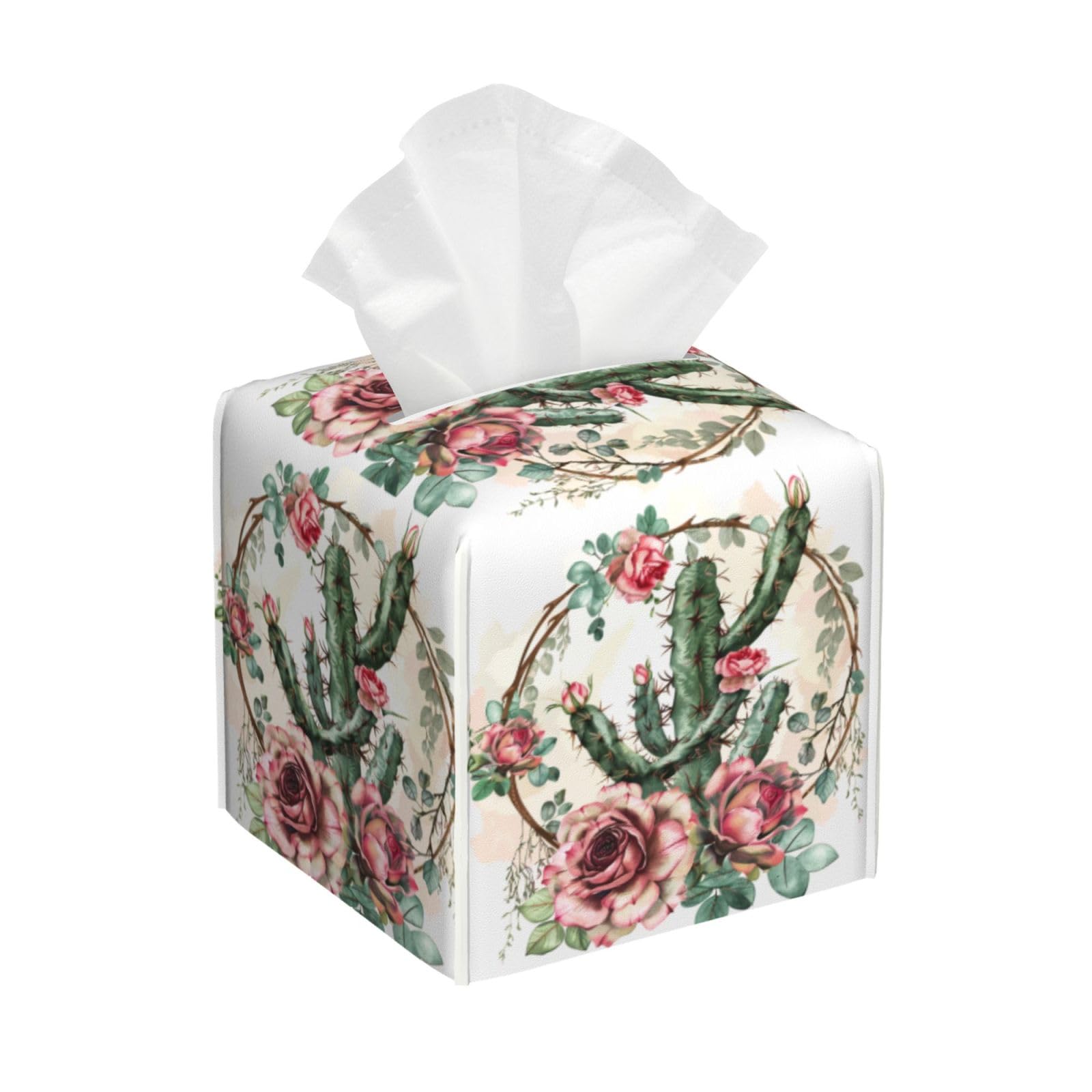 Square Tissue Box Cover, Leather Tissue Cube Box Holder, Tropical Plant Succulent Cacti Flowers Facial Paper Case for Tabletop, Bathroom, Car, Office 5.2"x5.2"x5.2"in