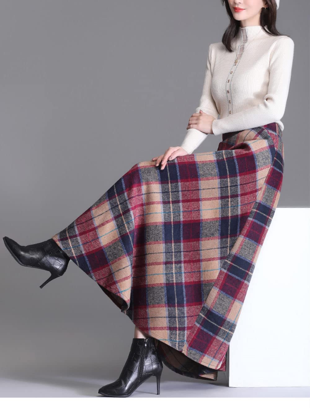 Gonne Lunghe Invernali, Gonne Invernali Vita Elasticizzata con Tasca Hit Color Rosso Kaki Gonna A Balze A Vita Alta Gonne Midi da Donna A Trapezio Gonna Ampia A Pendolo