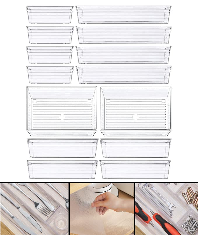 SJ Solutions -14 PCS Clear Plastic Drawer Organisers & 2 Free Shelf Liners Set, 4-Size Versatile Bathroom and Vanity Drawer Organizer Trays, Makeup Storage, Kitchen Utensils and Office (Transparent)