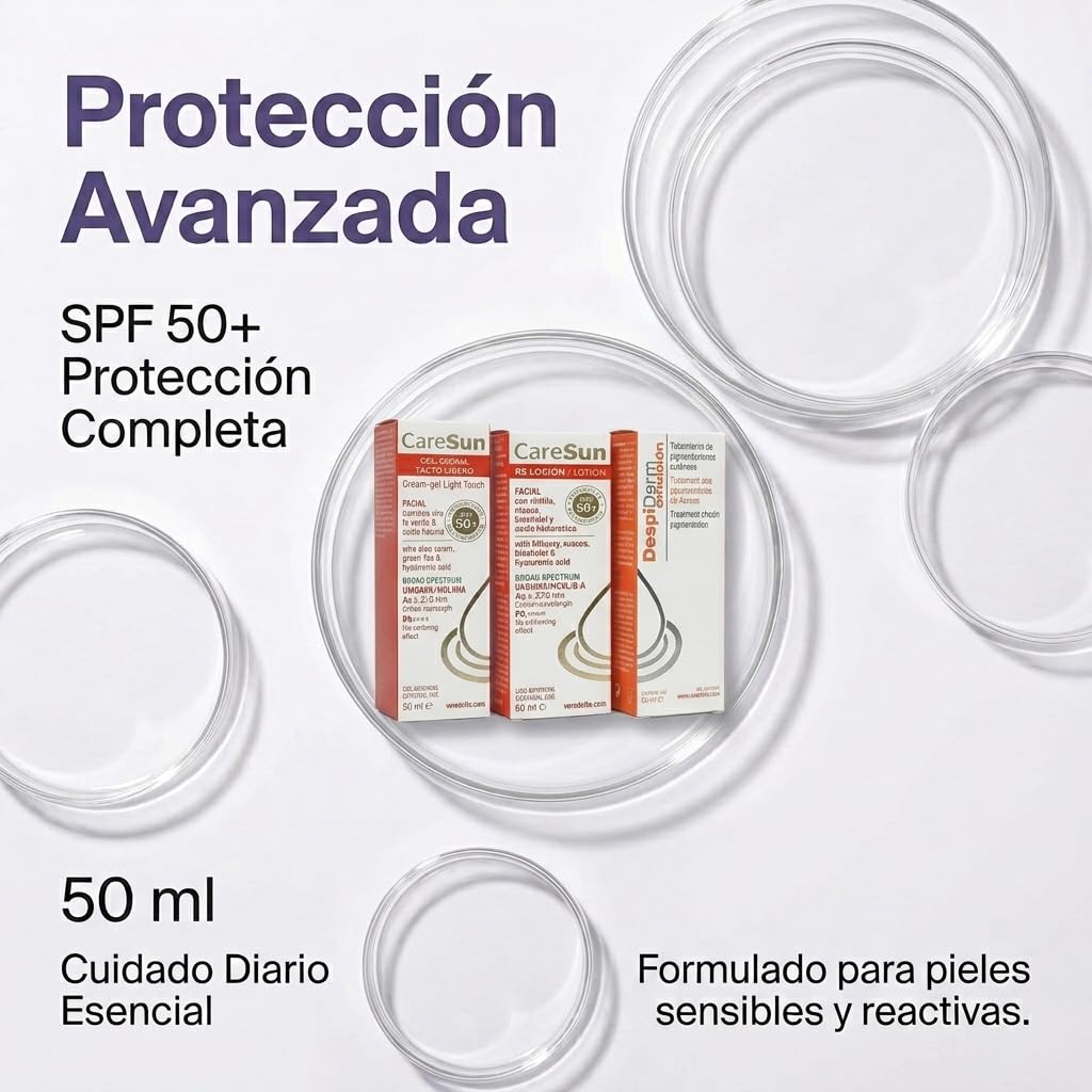Kit Solar | Caresun RS, Caresun Gel Tacto Ligero, Despiderm | Protección UVB UVA IR HEVL | Antioxidante para Piel Sensible, Reactiva y Rosácea | Acción Calmante | Uso Diario
