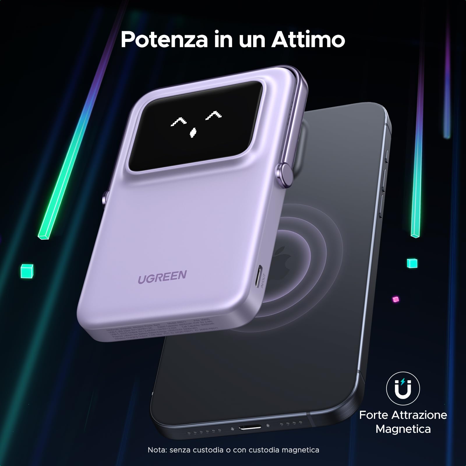 UGREEN Uno Power Bank Magnetico 5000mAh, Caricatore Portatile Wireless PD 20W con Display e Supporto, Compatibile con iPhone 16/15/14/13/12 Mini Plus Pro Max (Viola)