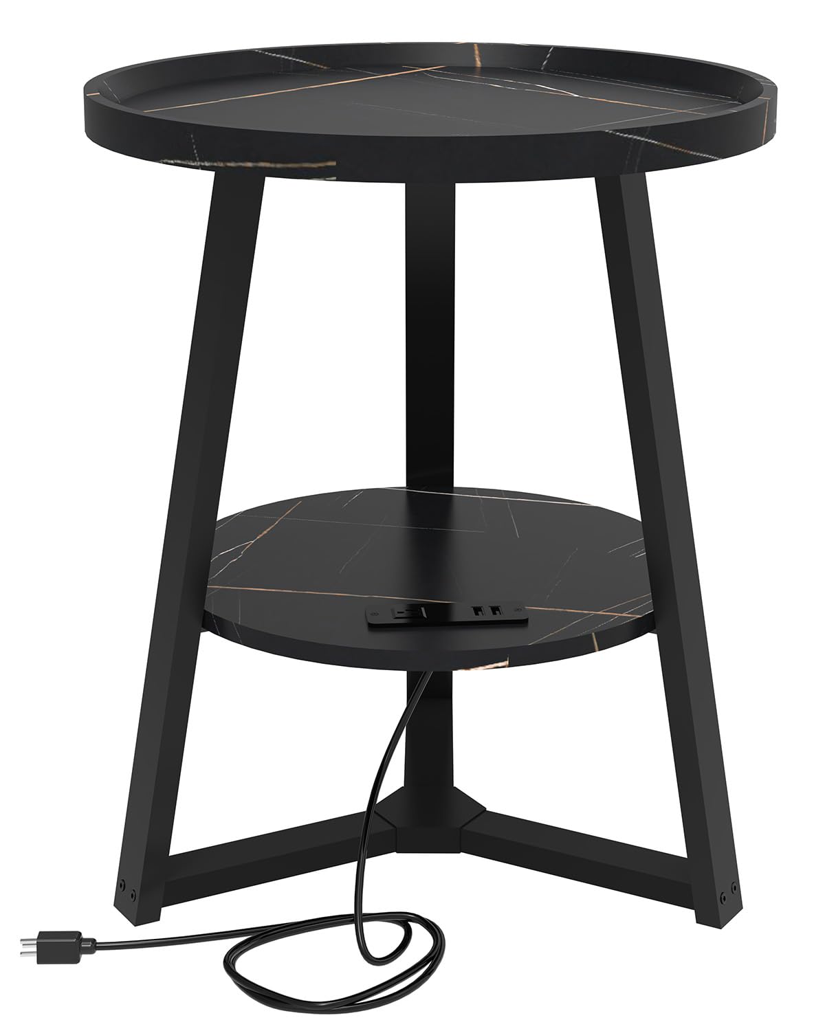 KJGKK Round End Table with Charging Station, 19.7" Dia x 23.63" H, Side Table with Storage Shelf, for Living Room, Bedroom, Faux Marble Top, Black