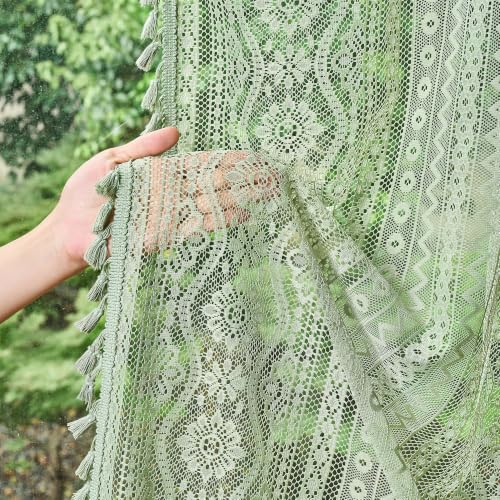 Image of MYSKY HOME Boho Lace Sage Green Sheer Curtains 2 Panels Set 84 inch Long Vintage Floral Crochet Pattern Privacy Rod Pocket Tassels Small Windows Spring Curtains for Living Room Bedroom, 55 inch W
