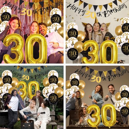 Image of Jobkoo 30th Birthday Decorations for Him, Black Golden 30th Birthday Party Decor Men Women Happy 30th Balloons Black 30th Banner Cake Topper Number 30 Balloon for Thirty Decoration