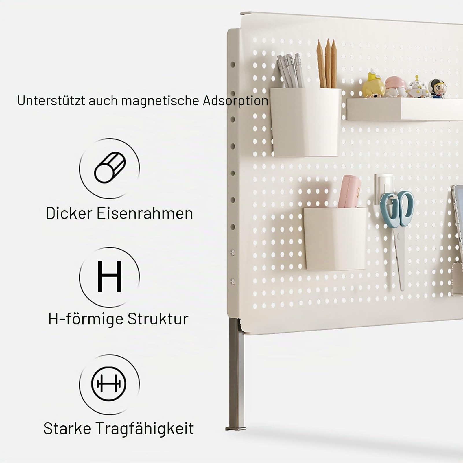 Pegboard Metall Mit Höhenverstellbarer Basis, Lochplatte Schreibtisch, Kleiner Stecktafel Organizer für Büro, Arbeitszimmer, Schlafzimmer, Küche ( Color : White(clip-on base) , Size : 80*40cm )