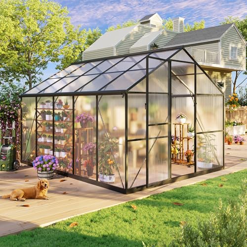 SYLVIERA 8x10FT Greenhouses for Outdoors, Polycarbonate Green House with UV