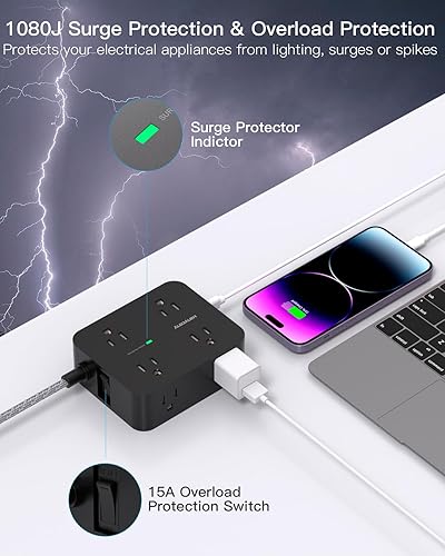 Miniatura 3 de Regleta protectora contra sobretensiones, 8 salidas con 4 puertos de carga USB (2 USB C), extensor de salida lateral con cable de extensión trenzado