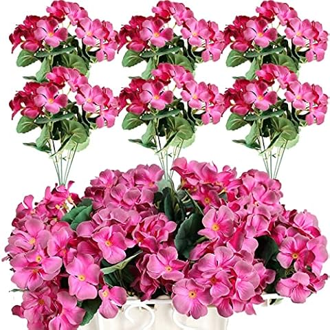Htmeing 6PCS Artificial Geranium Bush Decorative Silk Flower Artificial Plant for Outdoors or Indoor (Wine red) Cover
