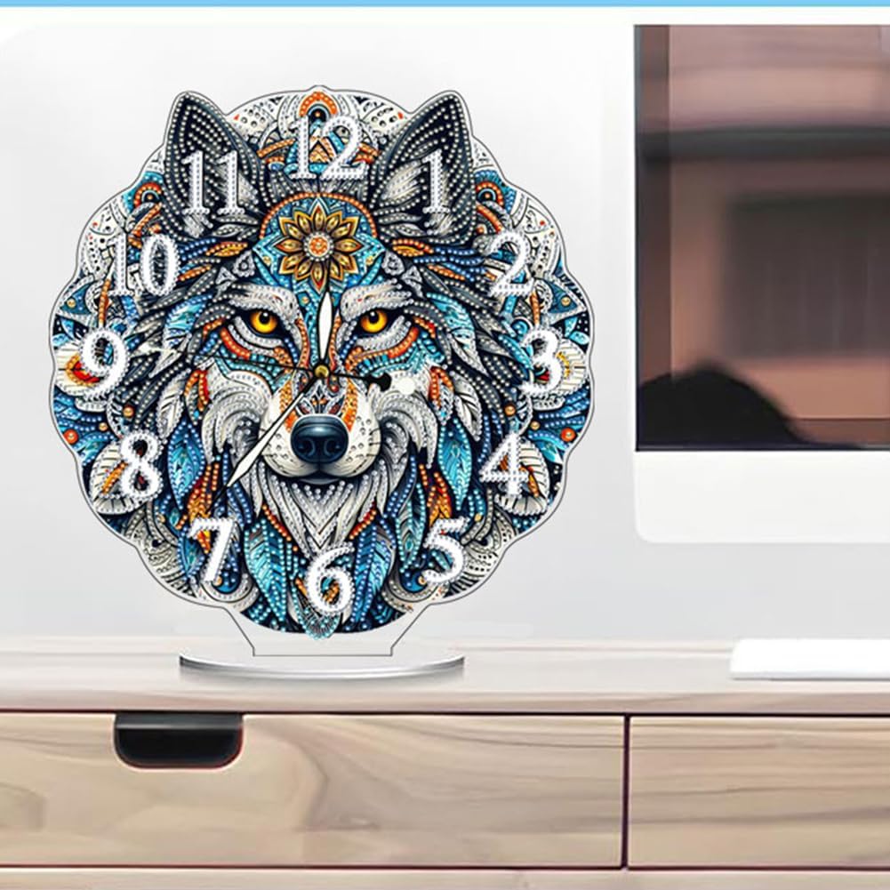 Sulunmo DIY Diamond Art Painting Kit Desk Tabletop Clock Craft Diamond Drill Art Kit for Home Decor Decoration, Creative Gift with Special Shaped Drills(Indian Wolf Glow-in-The-Dark Hands-77)