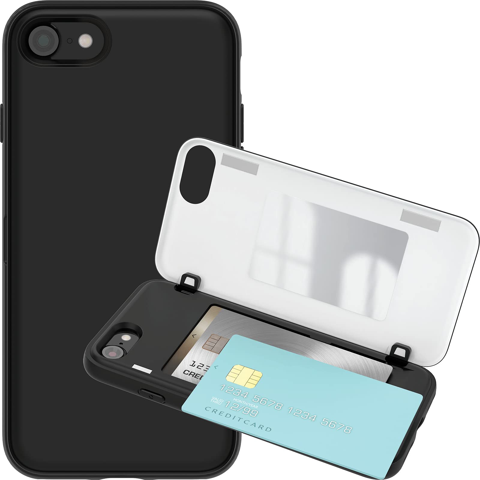 JUST4YOU for iPhone SE 2020 Case, iPhone 8/7 Wallet Case with Card Holder Auto Magnetic Closure Hidden Mirror Bumper Cover (Black) CS_BR_MD_I7_I8_ISE20_BK