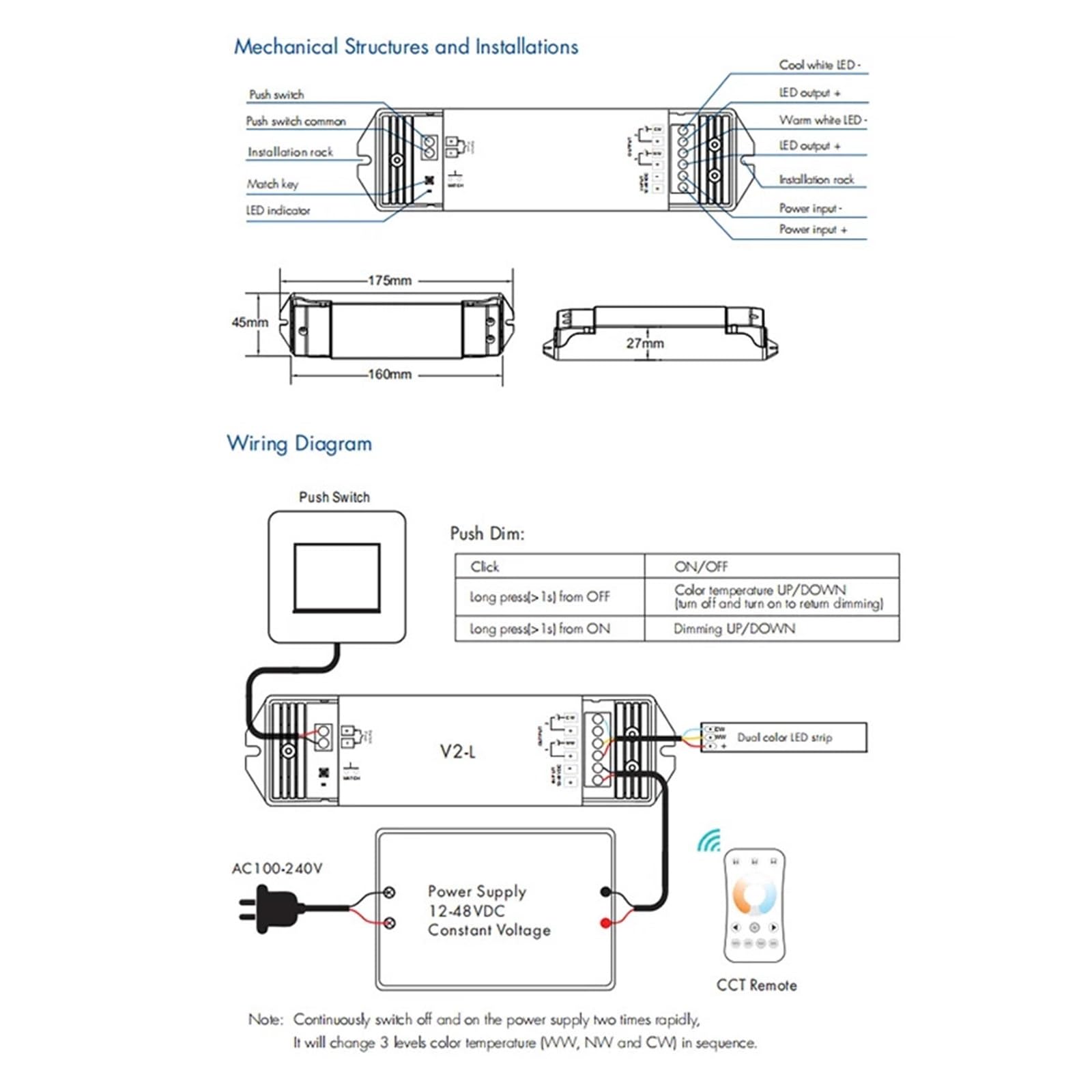 Controlador LED V2-L atenuador LED 12-48V 2CH 16A 2,4G Control remoto WW CW interruptor regulador de intensidad LED for tira de luz LED blanca doble CCT(V2-L only)