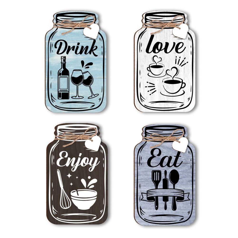 PH PandaHall 4pcs Jar Kitchen Wall Decor, Eat Drink Love Wooden Jar Sign Decor Kitchen Hanging Signs Dining Sign Farmhouse Eat Sign Board with Hemp Rope for Home Bar Cafe Decor, 15x9cm