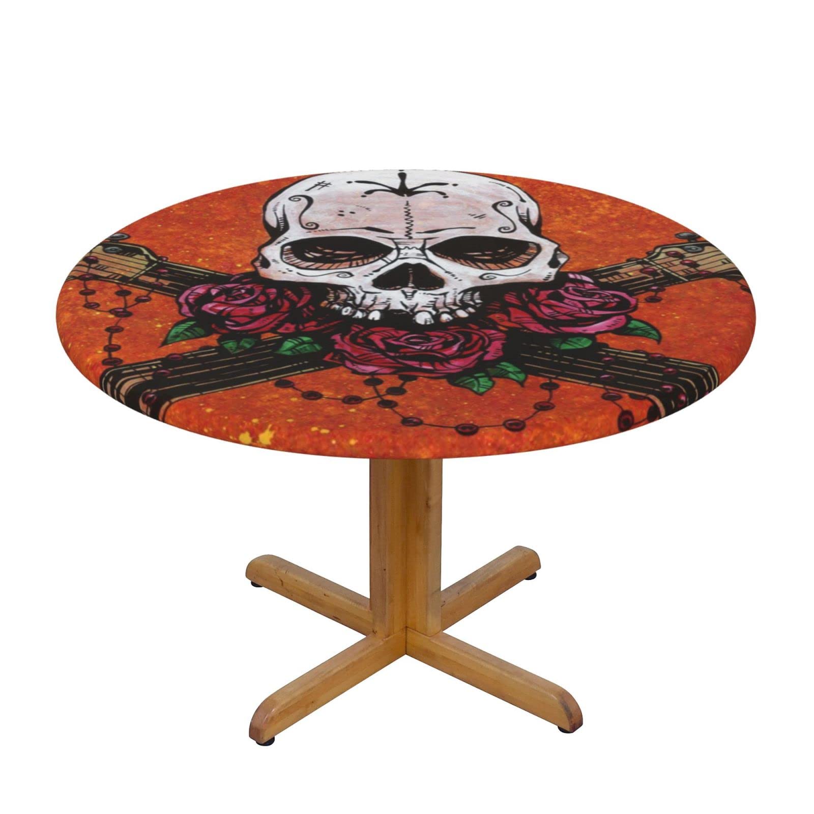 Lsjuee Round Fitted Tablecloth 40-44in Elastic Edged Table Cloth for Kitchen Dining Party Home Decor - Skull Death Music Rose Red