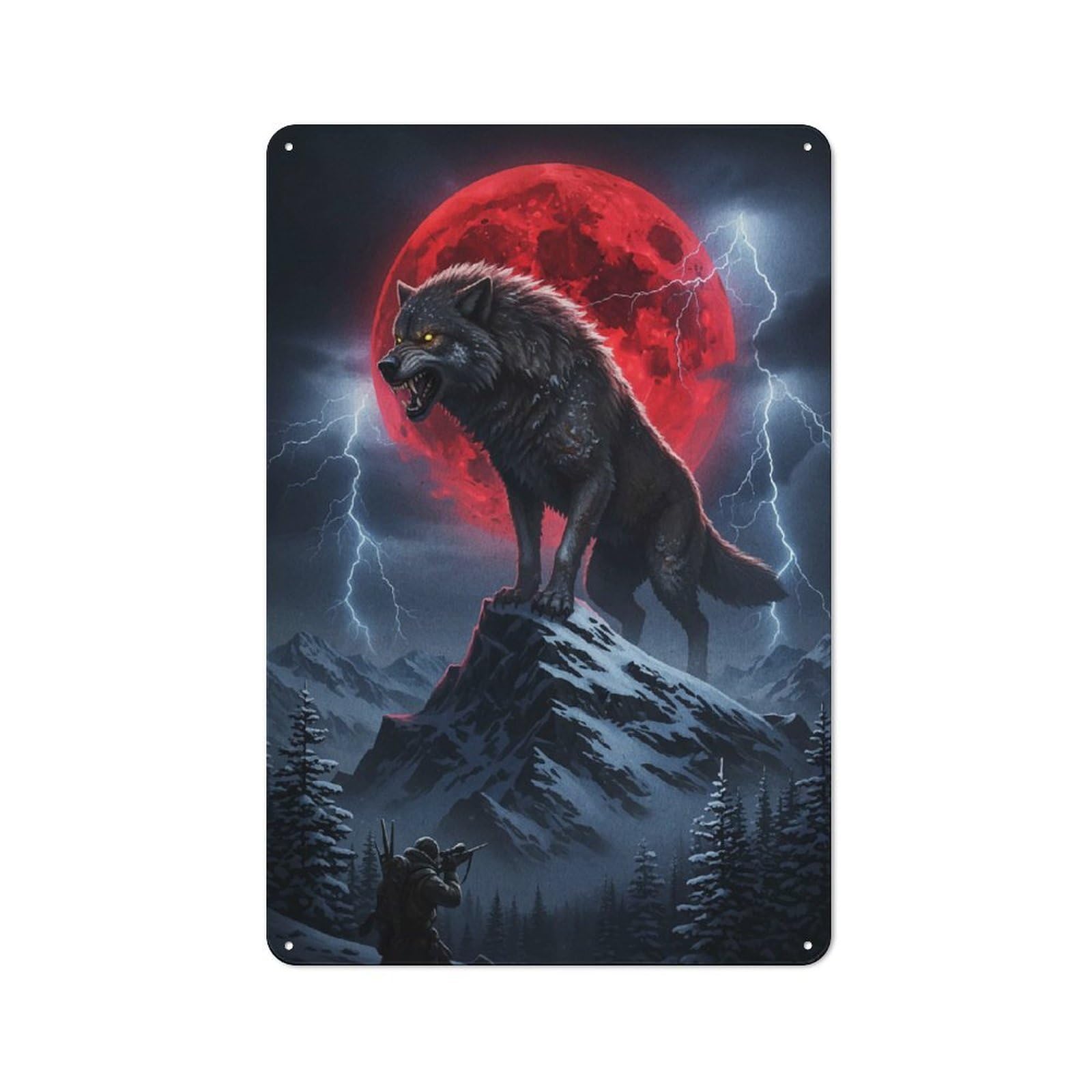 Junmoney Wolf On Mountain With Red Moon Printed Metal Sign 30X20cm For Studio Or Craft Room, A New Home Present For Creative-Space Collectors