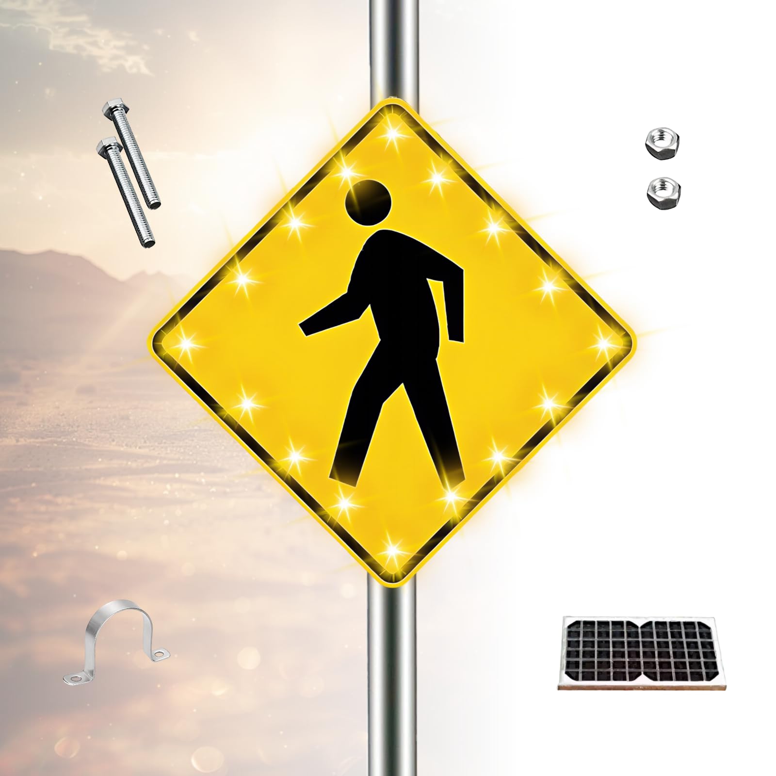 ZHENYUWANG 24-inch solar-powered pedestrian crossing sign, LED flashing pedestrian crossing traffic sign, IP65 protection rating, sturdy aluminum warning sign 30in