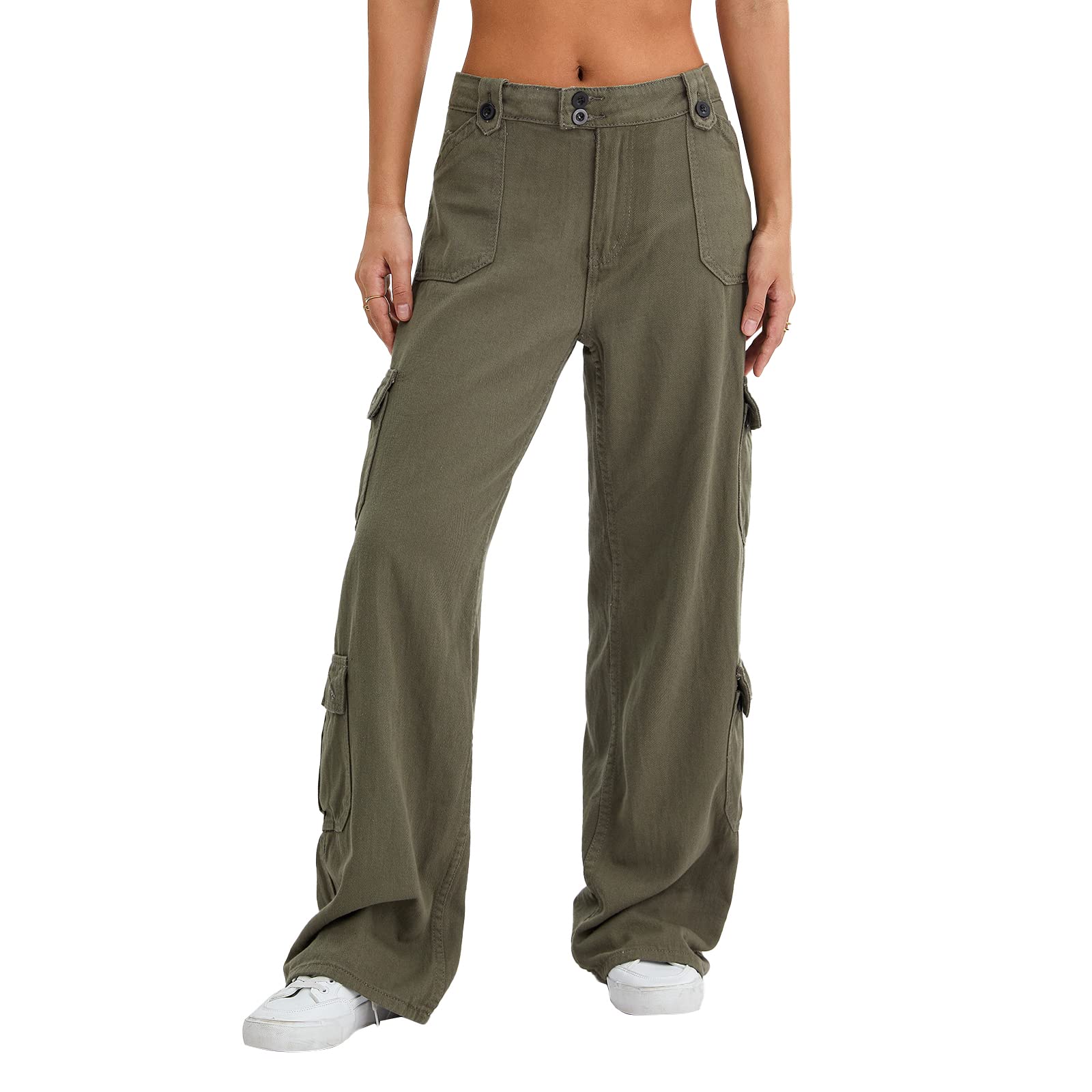 WinkinlinWomens Trousers Women Baggy Cargo Pants Elastic Waist Wide Leg Pants Y2K Trousers Hiking Long Pants with Pockets