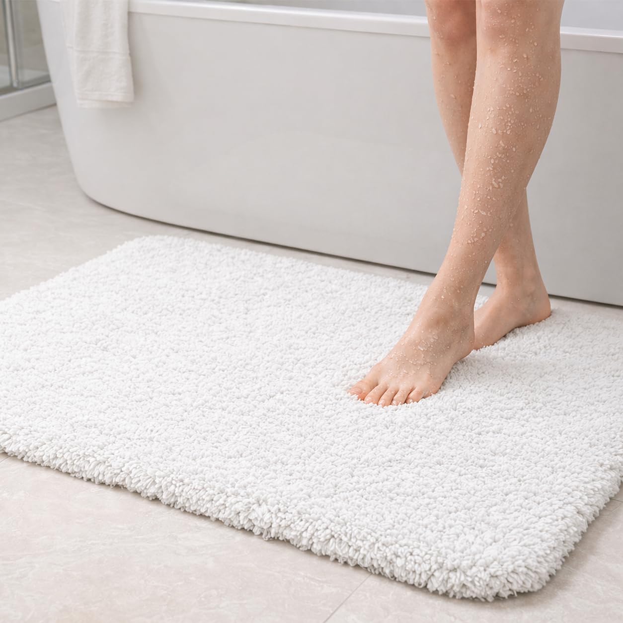 PUFFMAT Microfibre Bath Mat 90 x 60 cm White, Absorbent Bathroom Rug with Soft Plush Pile and TPR Backing, Machine Washable Bathroom Mat for Shower, Bathtub, Toilet and Guest Bathroom