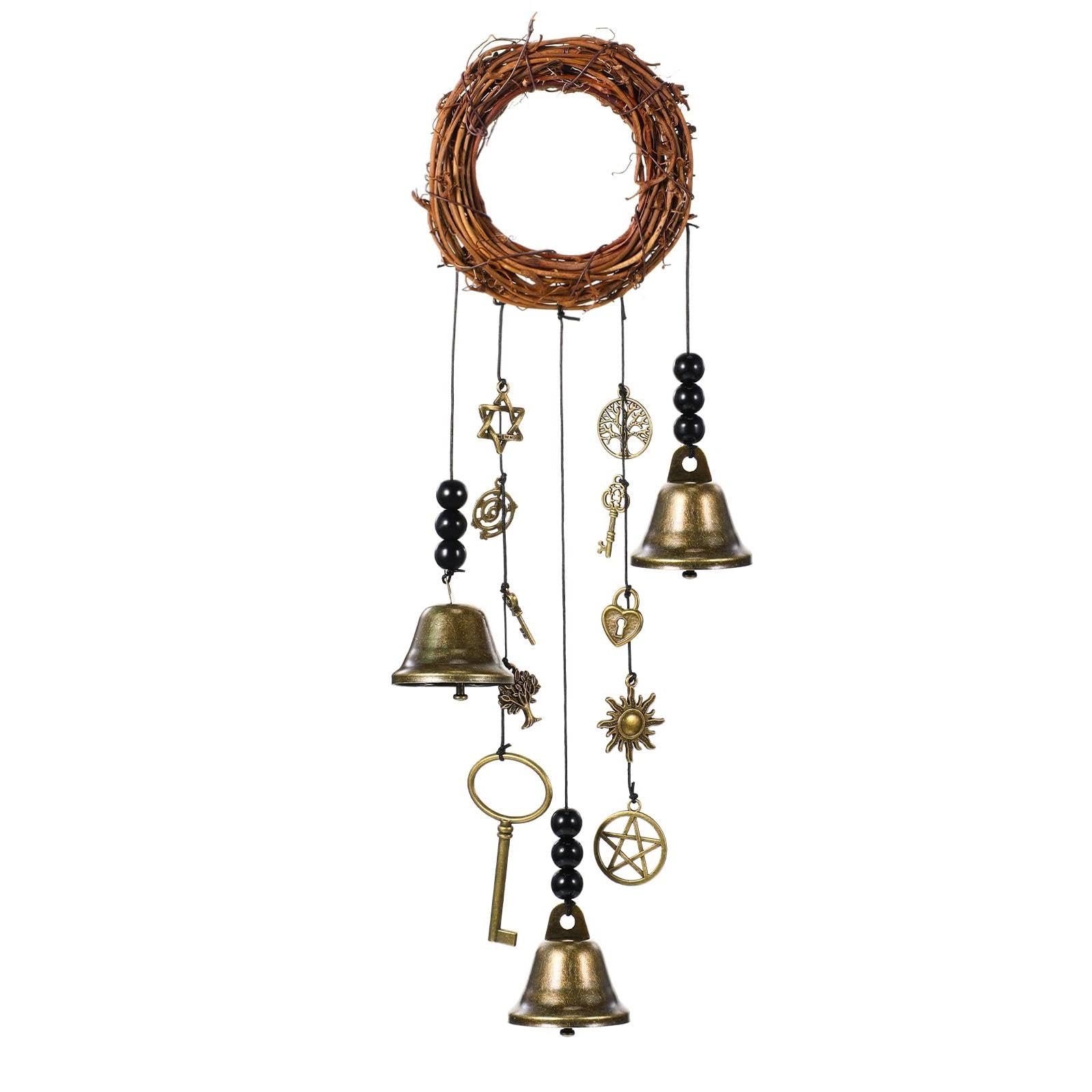 Witch Wind Chimes Magical Bells Round Shaped Door Wreaths Creative Window Ornament Handmade Hanging Pendant for Home Garden (A)