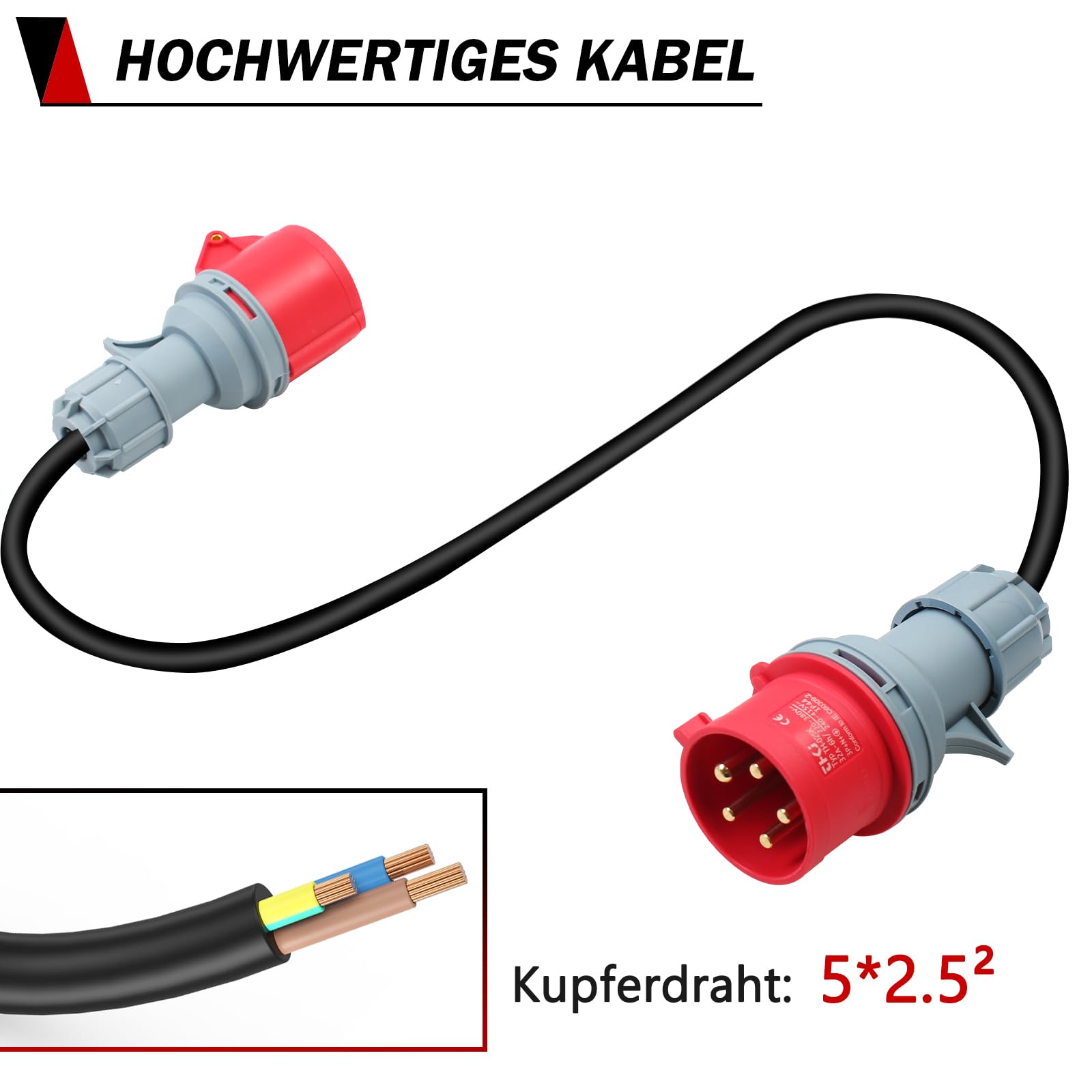 CEE Adapter 32A auf 16A, CEE Adapter Verlängerungskabel,Kupplung mit Leitungsschutzschalter 3-Phasig, 400V,Mit 5x2 5mm Gummi Starkstromkabel（Verlängerungskabel 0.5 m）