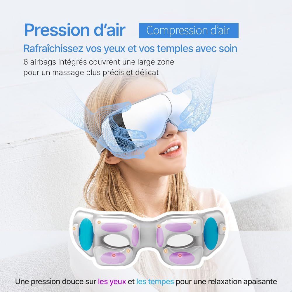 HubiCare Appareil de massage des yeux avec chaleur et refroidissement, massage à pression d'air 3D et vibration, musique Bluetooth, pour les yeux fatigués et les gonflements, pour se détendre avec