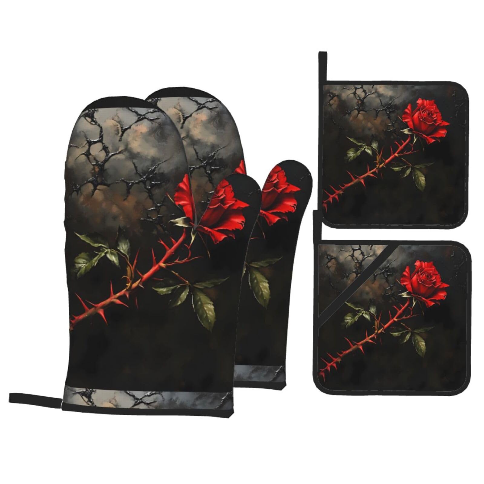 YYHWHJDE Thorn Dark Rose Printed Kitchen Baking Set of 4 Thick Insulated Oven Mitt & Pot Holders, Anti-Scalding for Microwave, Oven, Outdoor BBQ