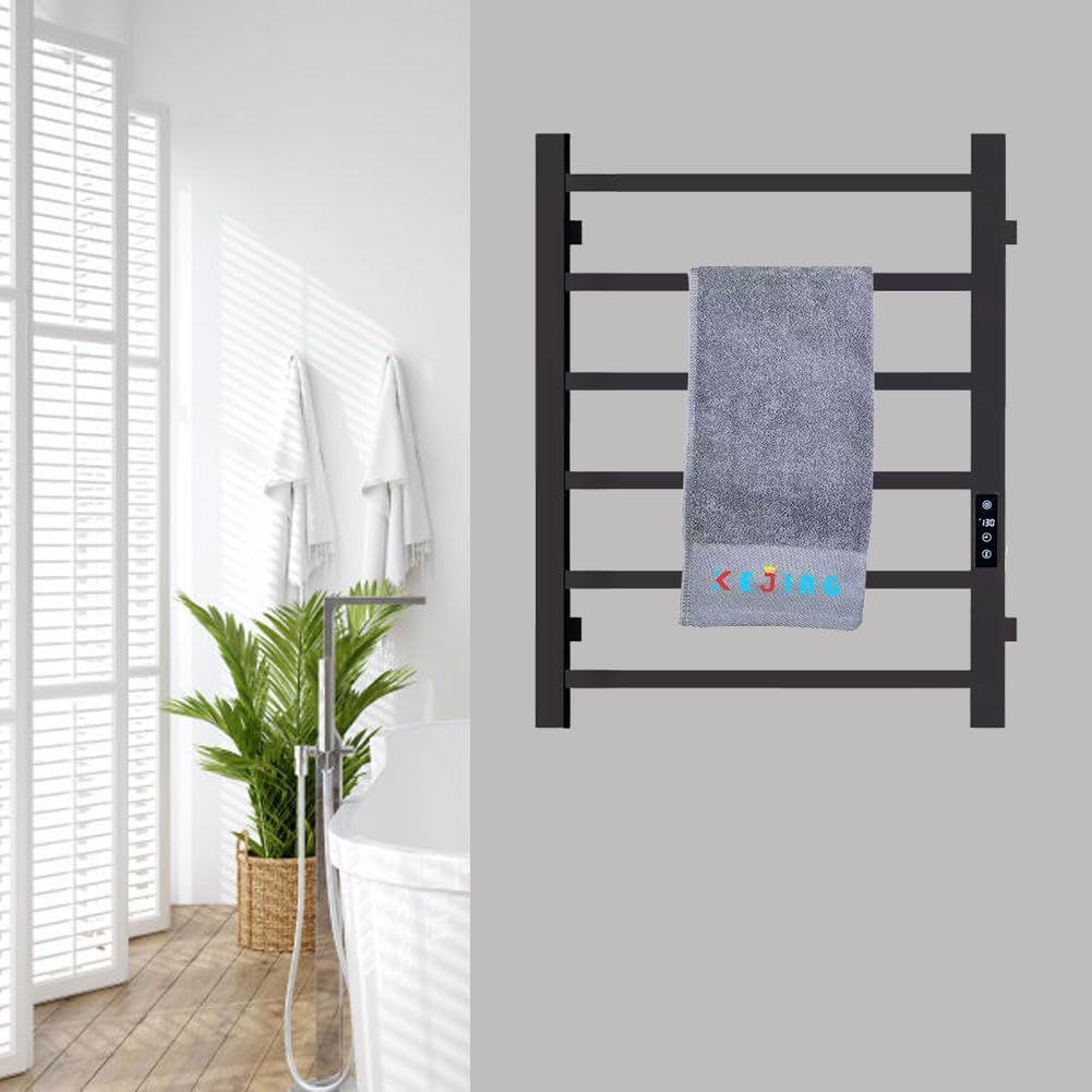 Towel Warmer Heated Towel Rack Bathroom Towel Rack Wall Mount Plug-in/ 6 Bar Square Tube Bath Towel Heater (Matt Black- Timer)