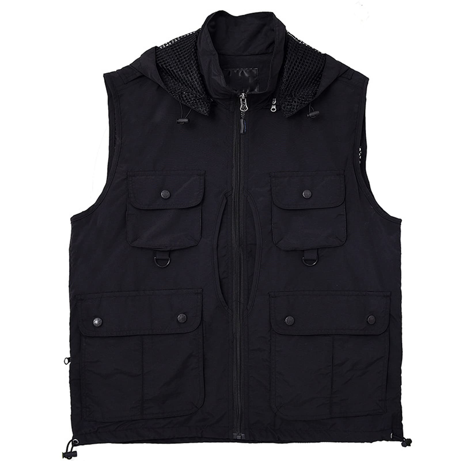 Chaleco de los hombres con múltiples bolsillos chaleco con capucha al aire libre suelto casual malla transpirable chaqueta de trabajo chaleco de pesca abrigo fotografía viaje Top negro-XL