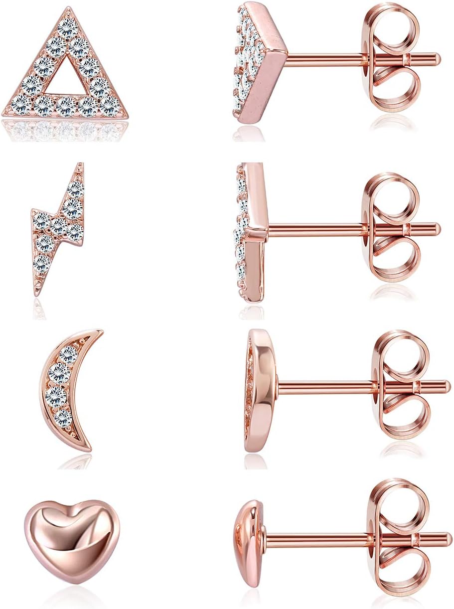 Raintoad 4 Pairs Sterling Silver Sparkling Earrings Stud Geometric Earrings Set Heart Moon Triangle Lightning CZ Stud Small Studs Earrings for Womens Girls