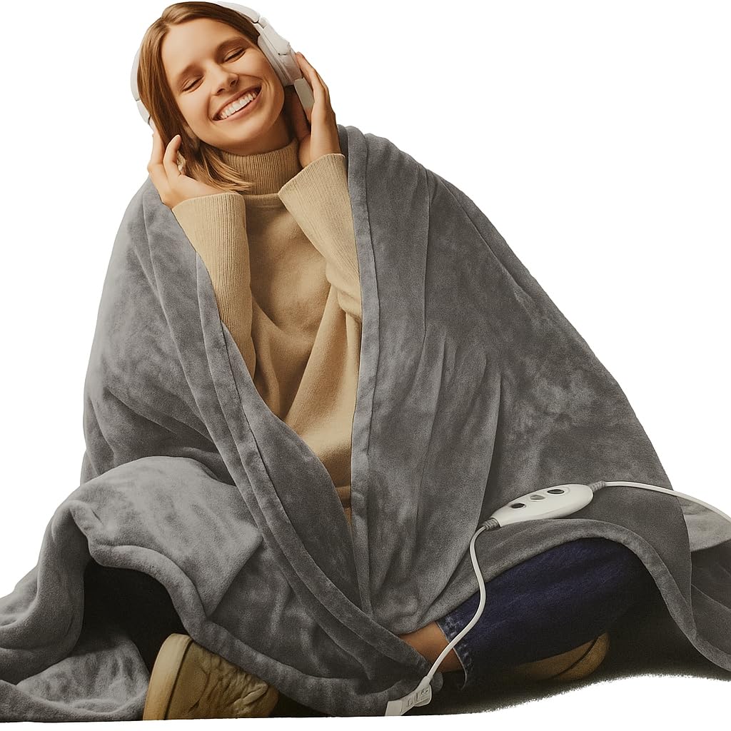 Thermal Fleece Electric Heated Charcoal Grey Throw Blanket Super Soft Flannel Velvet Faux ...