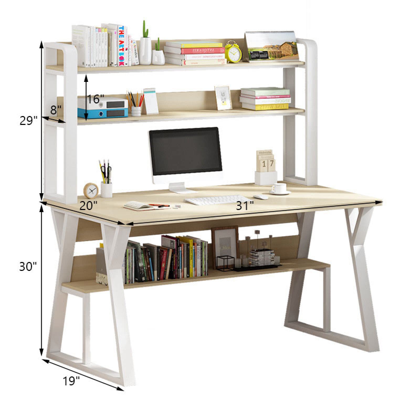 Scrivania Per Coputer In Stile Seplice Con Libreria A 5 Livelli E 2 Ripiani Aperti, Tavolo Da - Foto 8