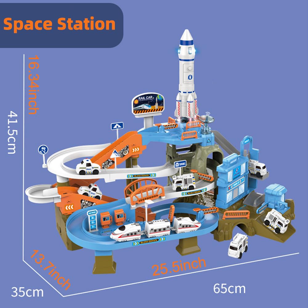 Car Parking,Space Adventure Vehicle Track Toys for 3+ Years Old Boys, 2 in 1 Playset with High-Speed Rail and Police Cars,