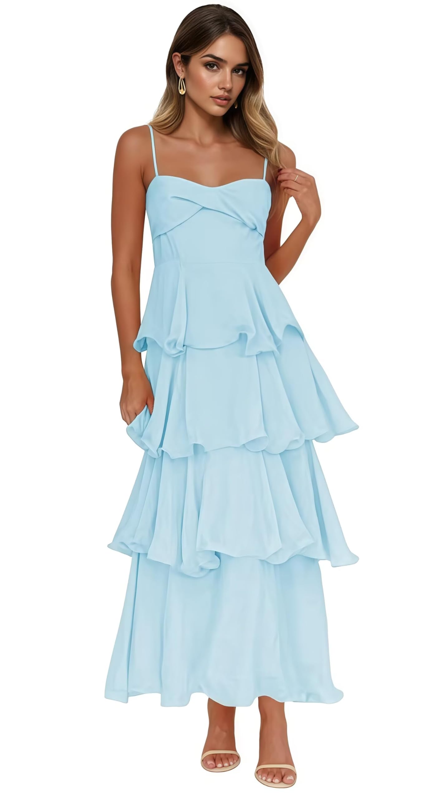 Chiffon Spaghetti Straps Bridesmaid Dress A-line Tiered Ruffles Formal Maxi Dresses