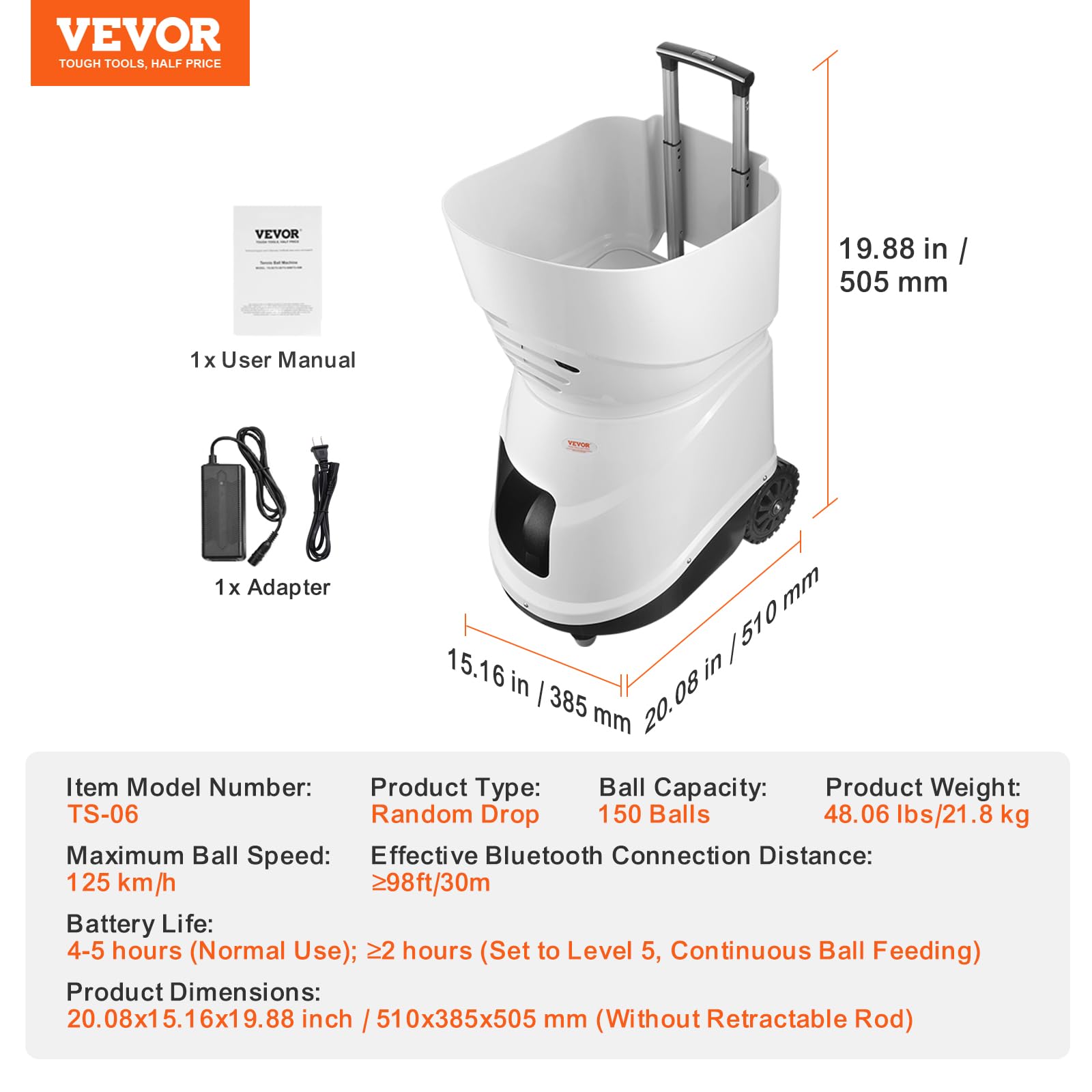 VEVOR Machine à balles de Tennis, 150 balles, Lanceur Automatique de balles de Tennis Portable, perceuses multimodes à 5 Moteurs, 2 Heures de Jeu, Batterie Rechargeable, télécommande Via Application