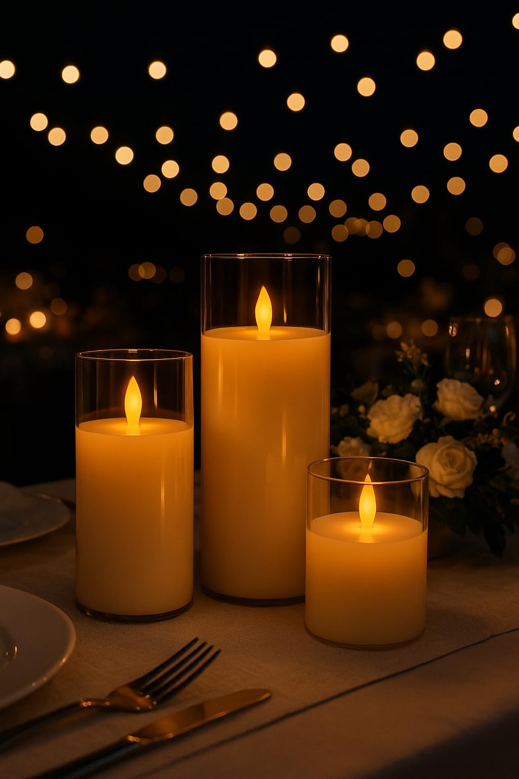 Bispy LED Flameless Candles with Glass Cylinder – Set of 3 Battery Operated Candles with Flickering Flame, Realistic Warm Glow for Home, Bedroom, Living Room, Wedding & Party Décor