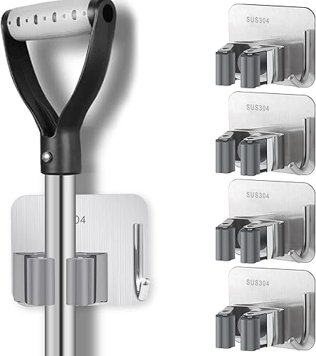 HYRIXDIRECT Soporte autoadhesivo para escobas, sin taladro, organizador de escoba de trapeador con gancho, organizador de herramientas de jardín de