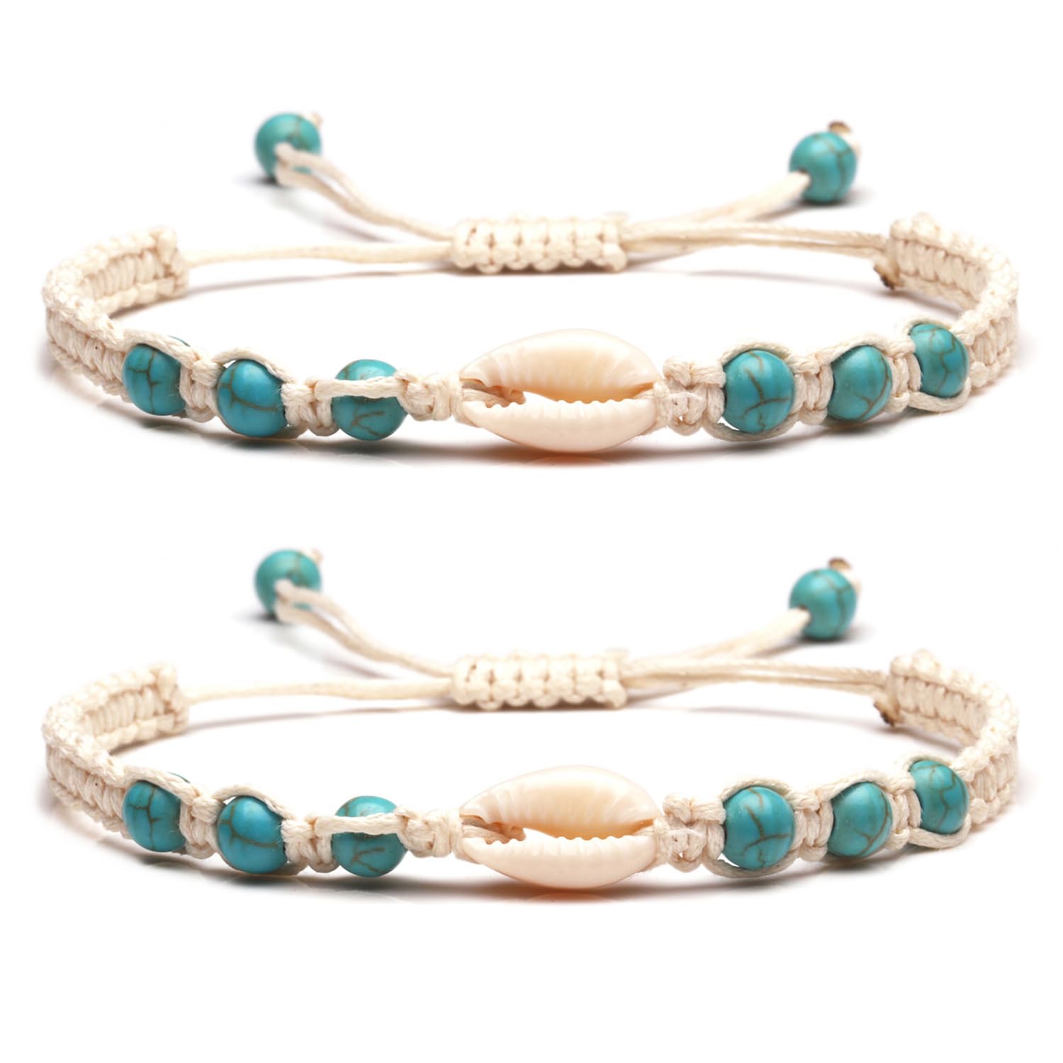 2 sztuki bransoletek w stylu boho, turkusowa, z kamienia naturalnego, ręcznie tkana, regulowana, na lato, hawajską plażę, biżuteria dla dziewcząt i kobiet, einstellbar, Skorupa naturalna i