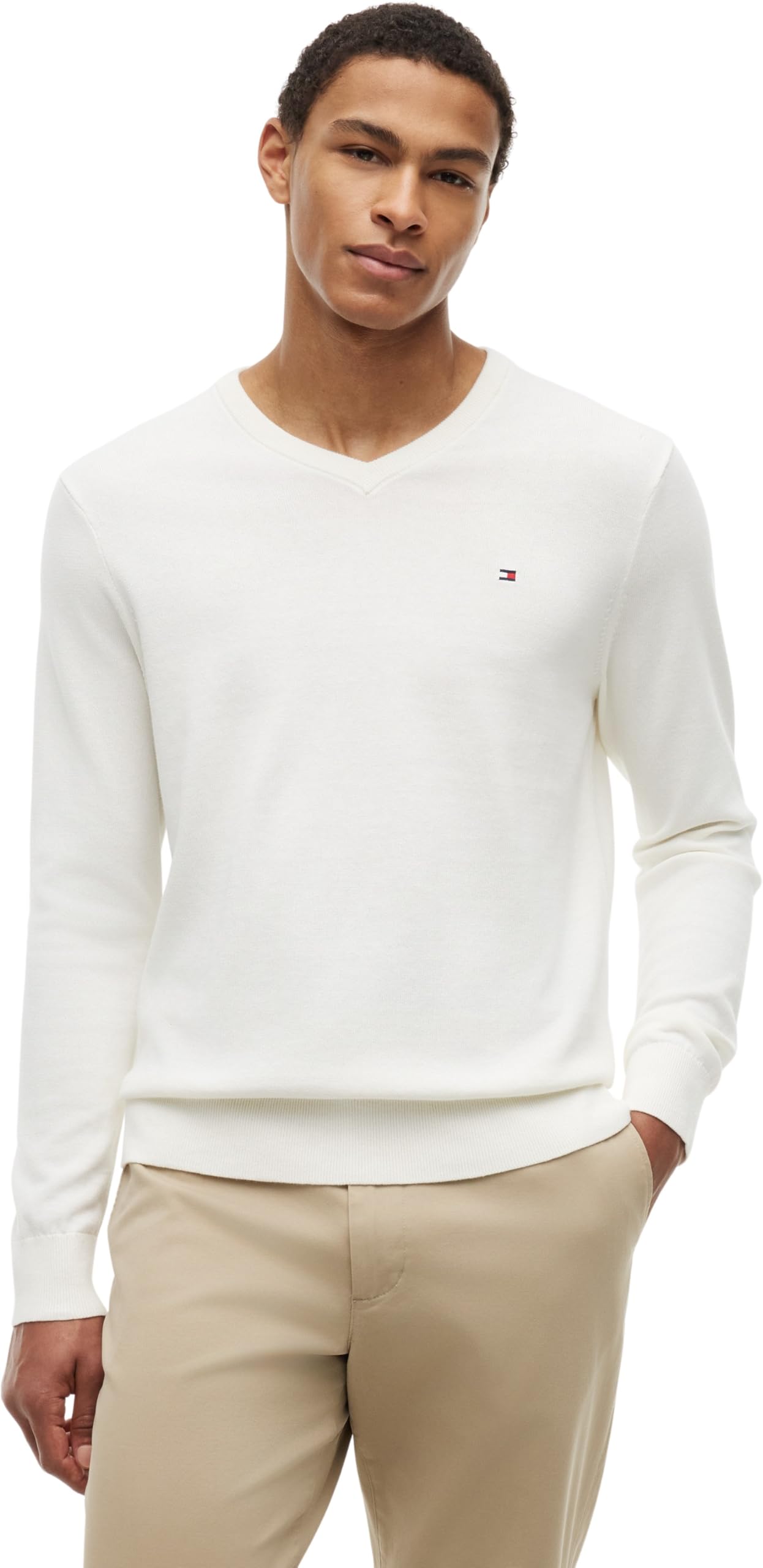 Tommy Hilfiger Men’s Essential Cotton V-Neck Jumper, Off-White (Ivory Petal), XS