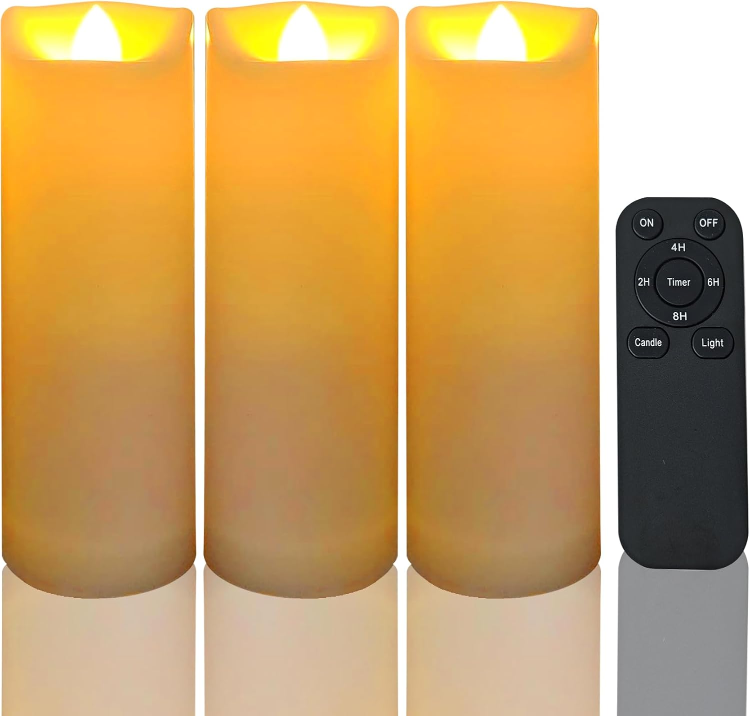 Battery Operated Flameless LED Pillar Candle with Remote Cycling Timer, Realistic Plastic Electric Tall Flickering Light for Indoor Outdoor Bookshelf Dinner Party Centerpiece Fireplace Decor Pack of 3
