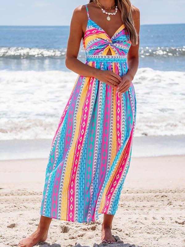 Image of popvil Women's Summer Dress Colorful Striped Print V-Neck Strap Beach Maxi Sundress