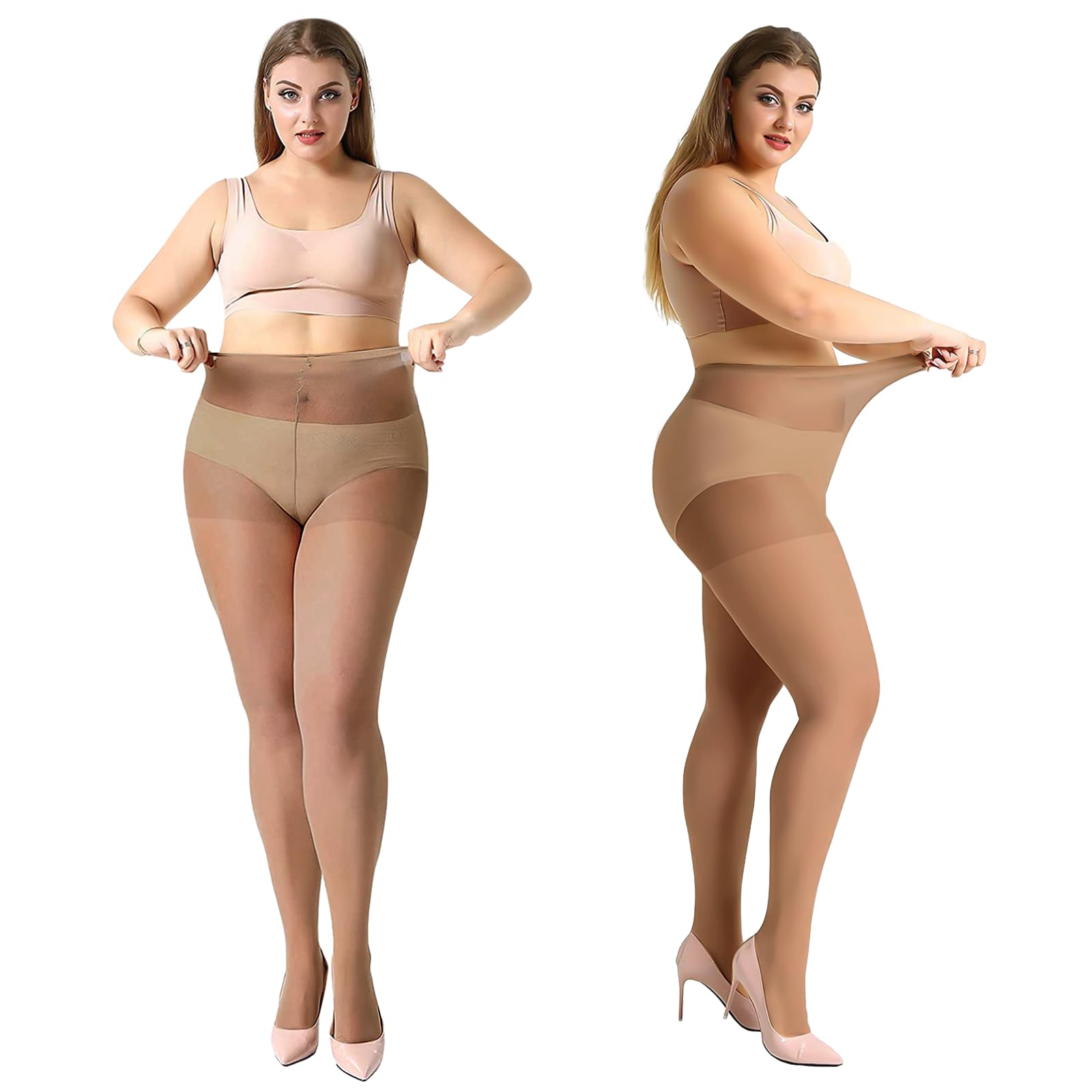 MANZI 20 Denier 4 Pairs Plus Size Pantyhose Brown Sheer Tights for Women XXXXL