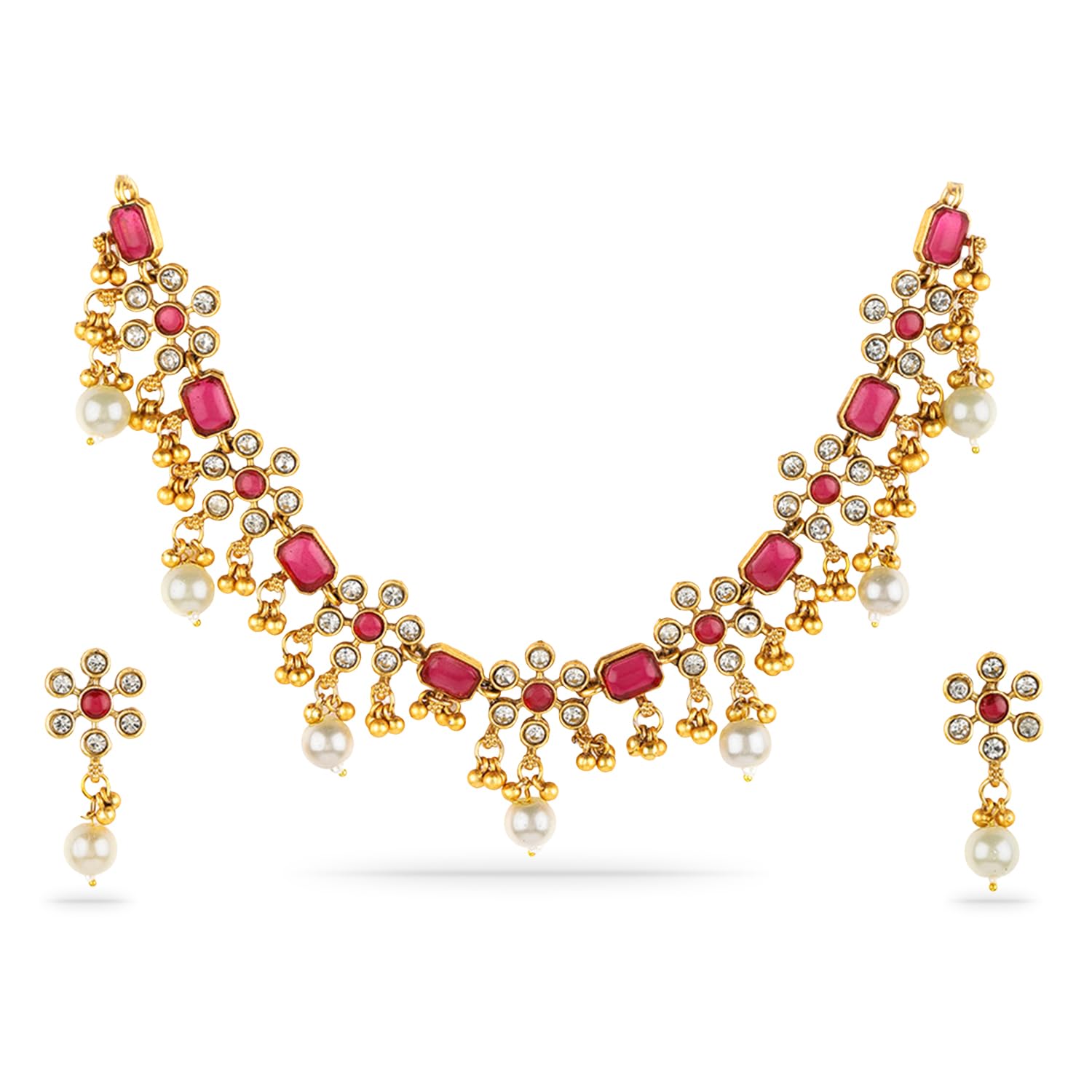 22K Gold-Plated Handcrafted Artificial Jewelry Set-Stone Studded with Matching Earrings For Women and Girls – Perfect for Weddings and Special Occasions