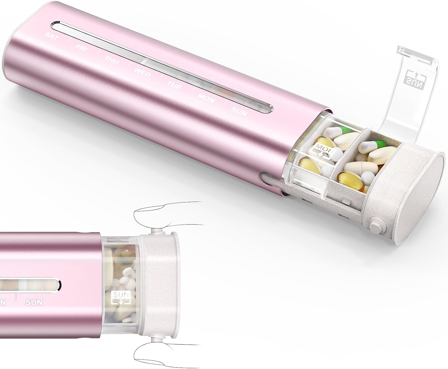 Zannaki Aluminum 7 Day Weekly Pill Organizer, Portable Travel Pill Case with Three Layer Seal, Large Capacity Cute Daily Pill Box, Pill Holder Container for Vitamins, Pills, Supplements and Medication Pink - Image 1 of 7