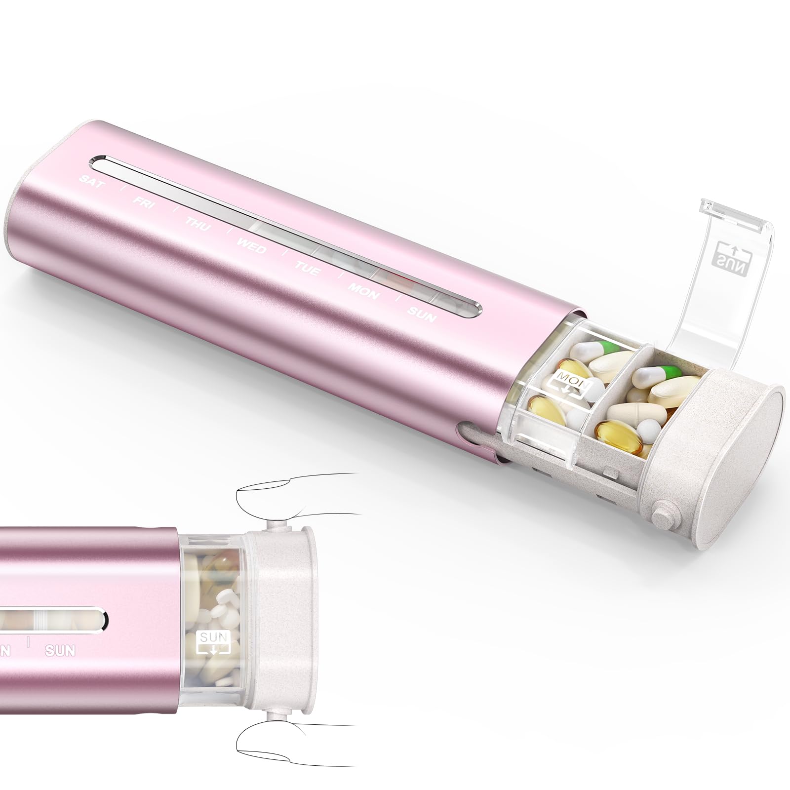 Zannaki Aluminum 7 Day Weekly Pill Organizer, Portable Travel Pill Case with Three Layer Seal, Large Capacity Cute Daily Pill Box, Pill Holder