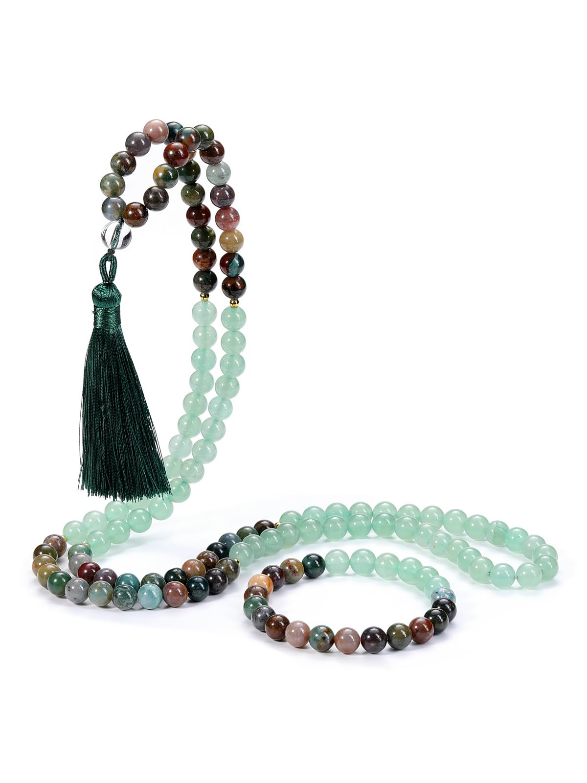 JSDDE Lot Chapelet Collier Mala Tibétain 108 Perles en Pierres Naturelles 8mm Bracelet Élastique de Perles Cristal pour Homme Femme Chapelet 108 Grain Bouddhiste avec Gland Amulette bijoux de Prière