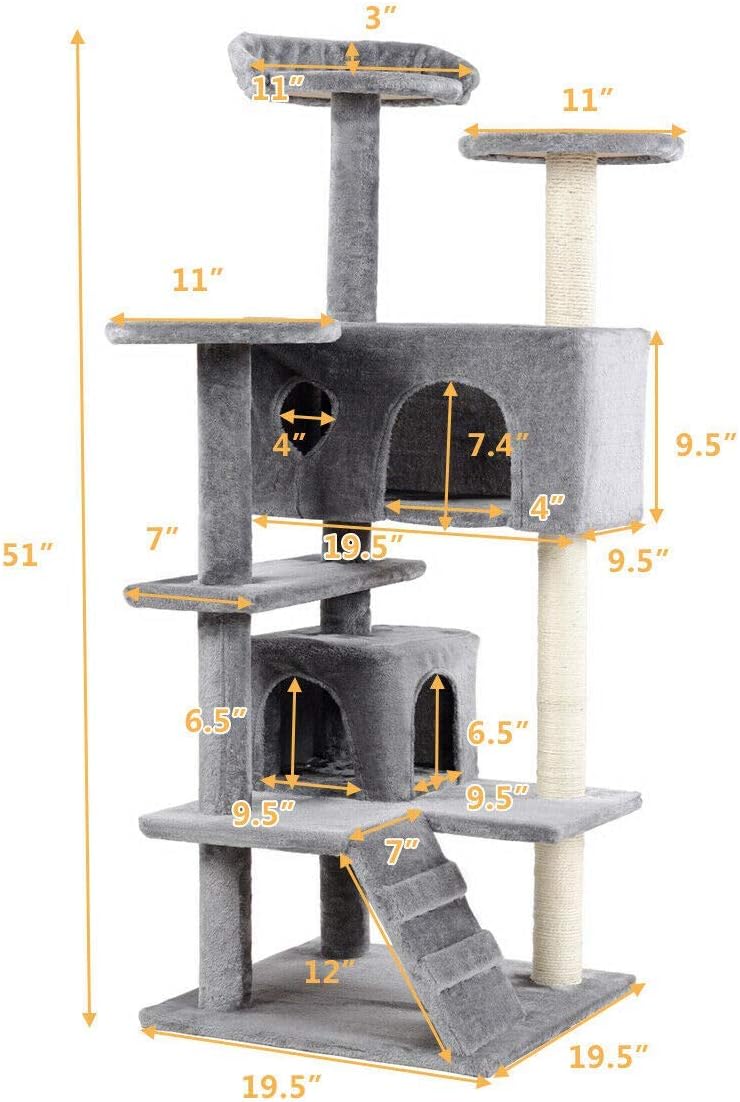 Tangkula Cat Tree, Multi-Level Cat Tree Tower with Scratching Post & Ladder, Pet Furniture Play House Kitten Condo Cat Tower for Kittens, Cats and Pets (52'') (Grey)