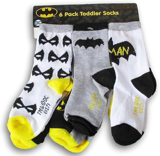 Show-Offs Bat Hero 6 Pack Toddler Socks - Gray, Yellow, White Designs (2T/3T)