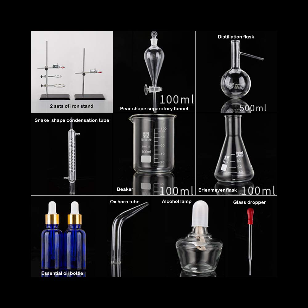 Juego De Unidades De Destilación Cristalería De Laboratorio Ciencia 500ml Destilador Purificación De Rocío Puro Fabricación De Aceites Esenciales Alcohol Filtro De Agua Destilada Equipo De 44pcs Set