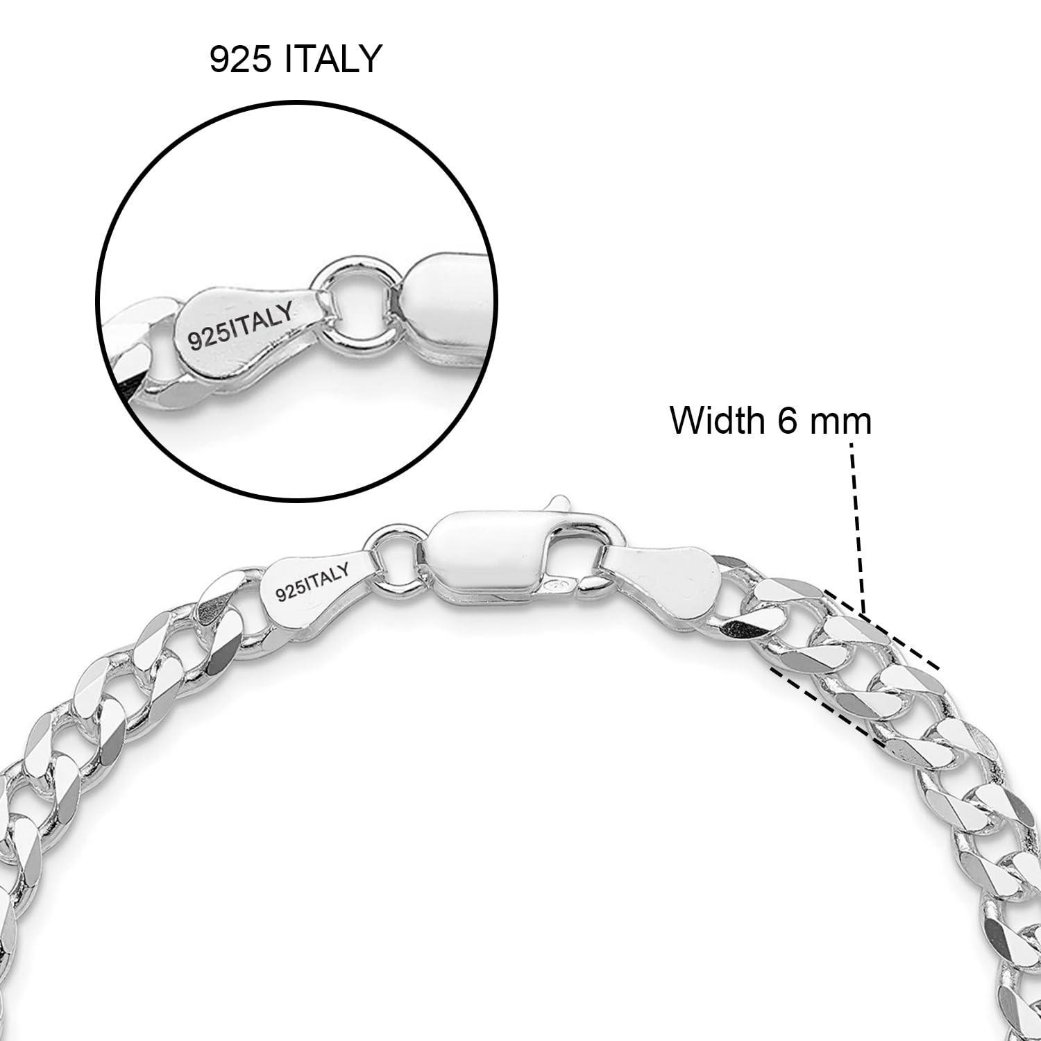 LeCalla Pulsera de cadena de eslabones cubanos de plata de ley 925 maciza para hombre, pulsera italiana de eslabones cubanos con corte de diamante de 6 mm